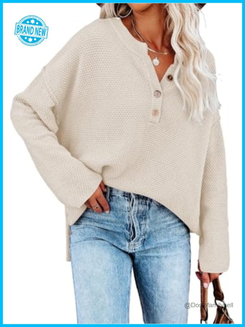 Waffle Knit V Neck Button Henley Sweater Oversized Batwing Long Sleeve Pullover